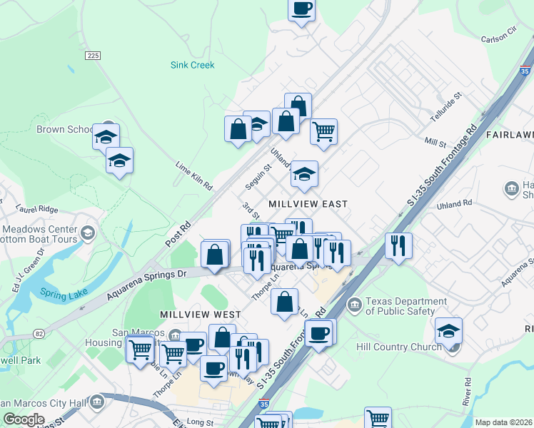 map of restaurants, bars, coffee shops, grocery stores, and more near 306 Mill Street in San Marcos