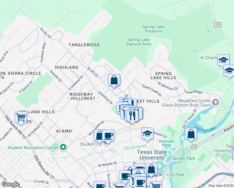 map of restaurants, bars, coffee shops, grocery stores, and more near 1000 North LBJ Drive in San Marcos