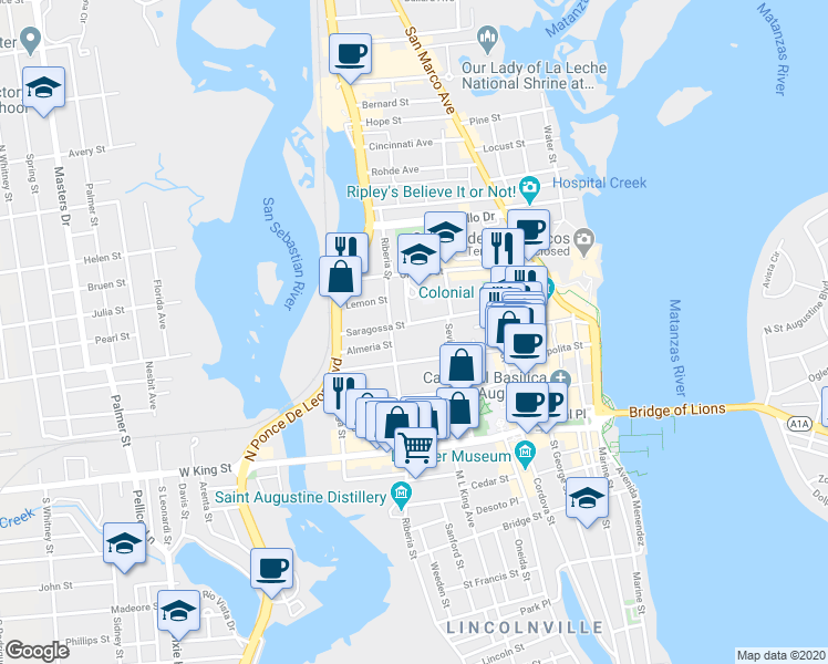 map of restaurants, bars, coffee shops, grocery stores, and more near 45 Saragossa Street in St. Augustine
