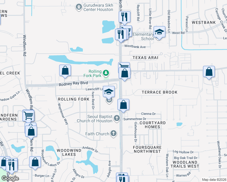 map of restaurants, bars, coffee shops, grocery stores, and more near 8615 Lawncliff Lane in Houston