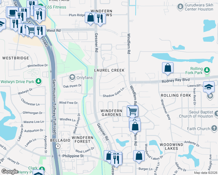 map of restaurants, bars, coffee shops, grocery stores, and more near 9523 Kelsey Meadows Court in Houston