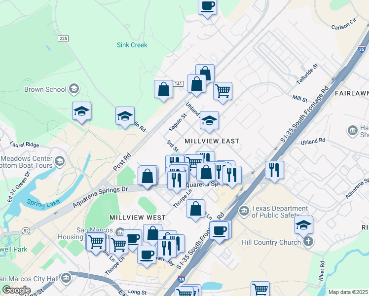 map of restaurants, bars, coffee shops, grocery stores, and more near 306 Mill Street in San Marcos