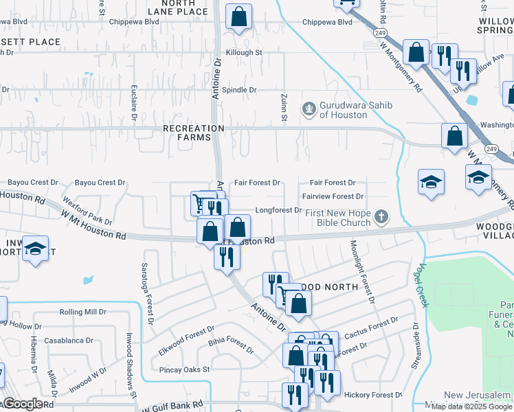 map of restaurants, bars, coffee shops, grocery stores, and more near 5802 Longforest Drive in Houston