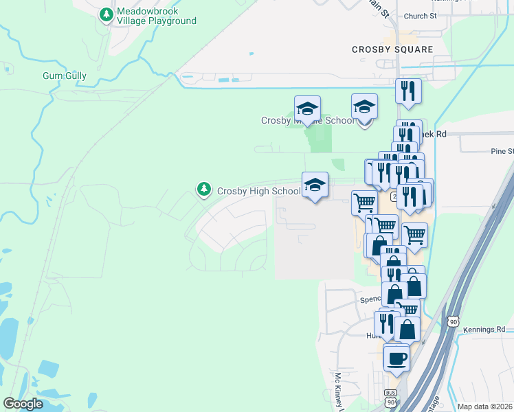 map of restaurants, bars, coffee shops, grocery stores, and more near 14405 Crosby Lynchburg Road in Crosby