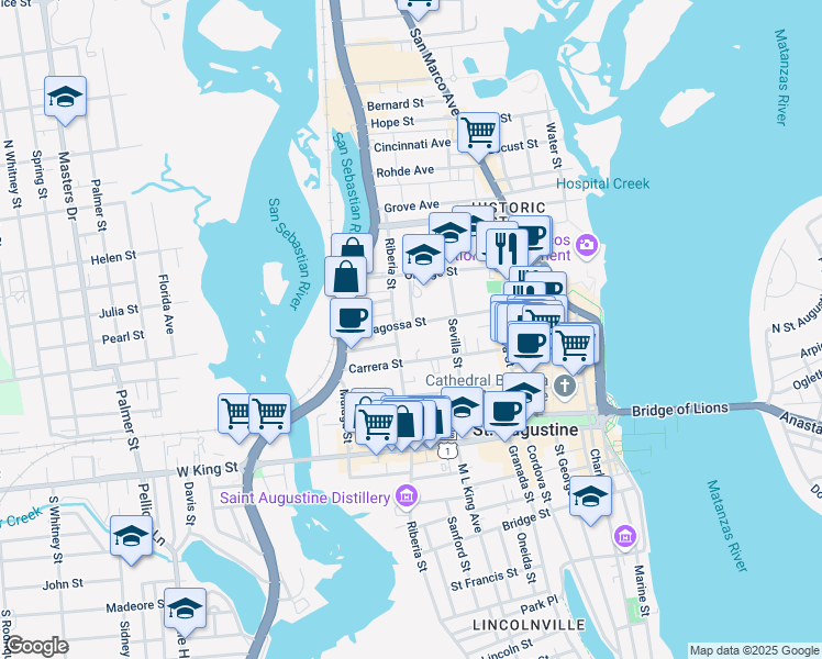 map of restaurants, bars, coffee shops, grocery stores, and more near 45 Saragossa Street in St. Augustine