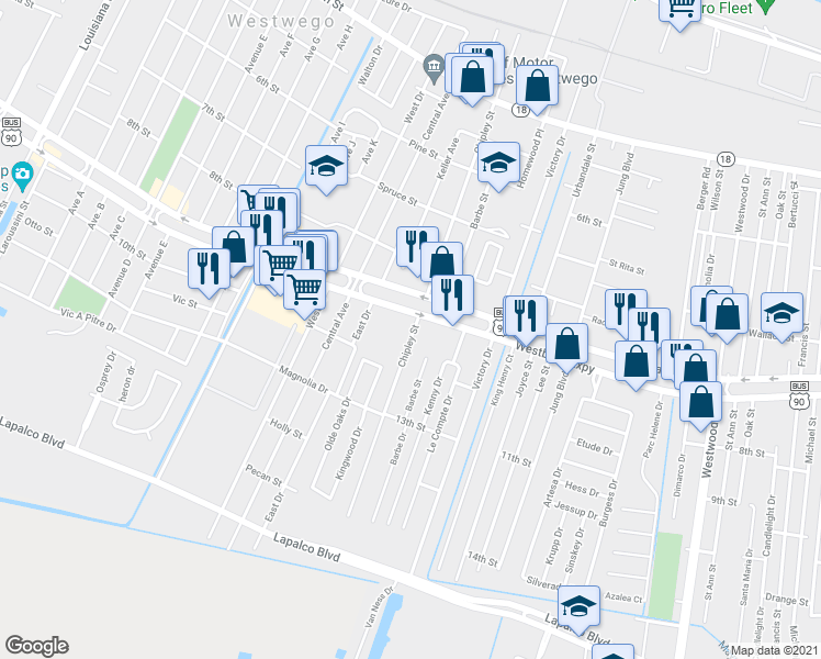 map of restaurants, bars, coffee shops, grocery stores, and more near 1116 Chipley Street in Westwego