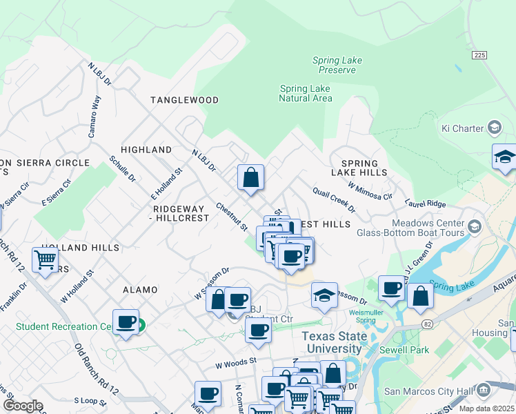 map of restaurants, bars, coffee shops, grocery stores, and more near 301 Cardinal Street in San Marcos