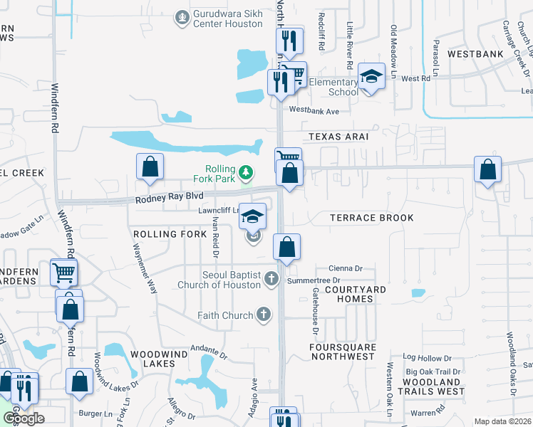 map of restaurants, bars, coffee shops, grocery stores, and more near 8615 Lawncliff Lane in Houston