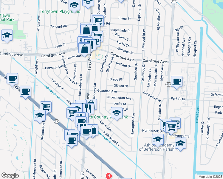map of restaurants, bars, coffee shops, grocery stores, and more near 2128 Guardian Avenue in Terrytown