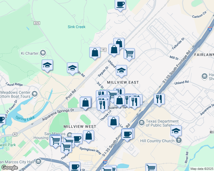 map of restaurants, bars, coffee shops, grocery stores, and more near 306 Mill Street in San Marcos