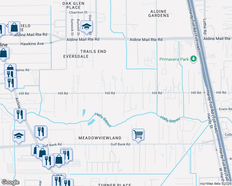 map of restaurants, bars, coffee shops, grocery stores, and more near Hill Road in Houston