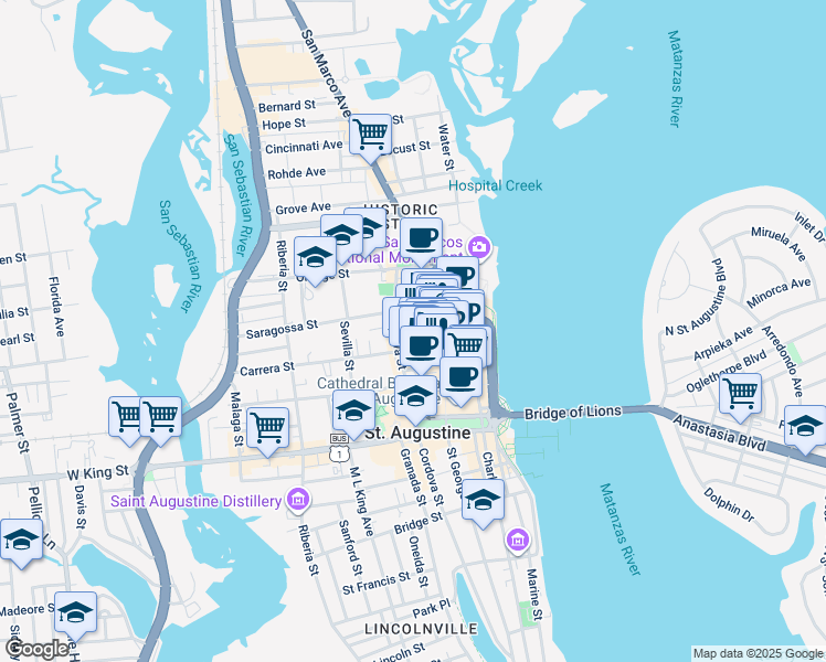 map of restaurants, bars, coffee shops, grocery stores, and more near 98 Saint George Street in St. Augustine