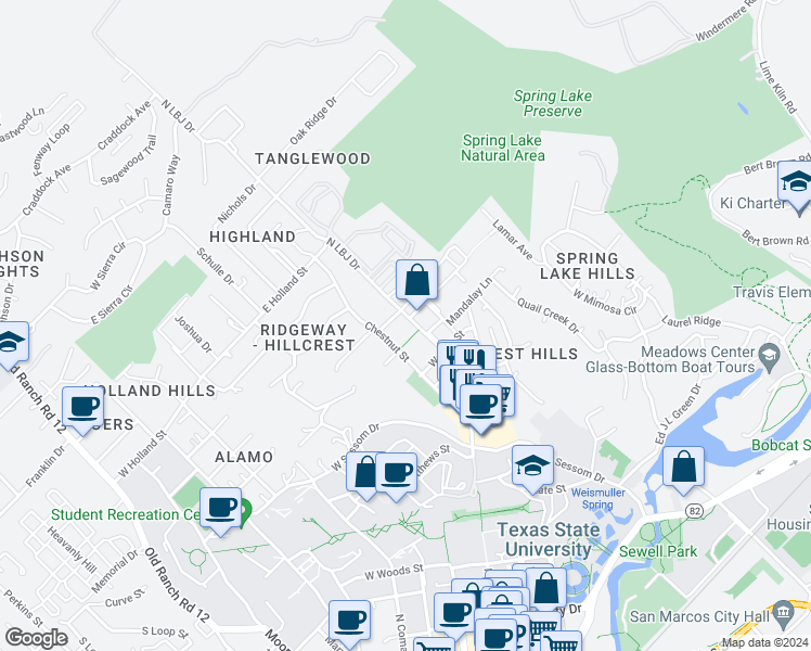 map of restaurants, bars, coffee shops, grocery stores, and more near 1011 North LBJ Drive in San Marcos