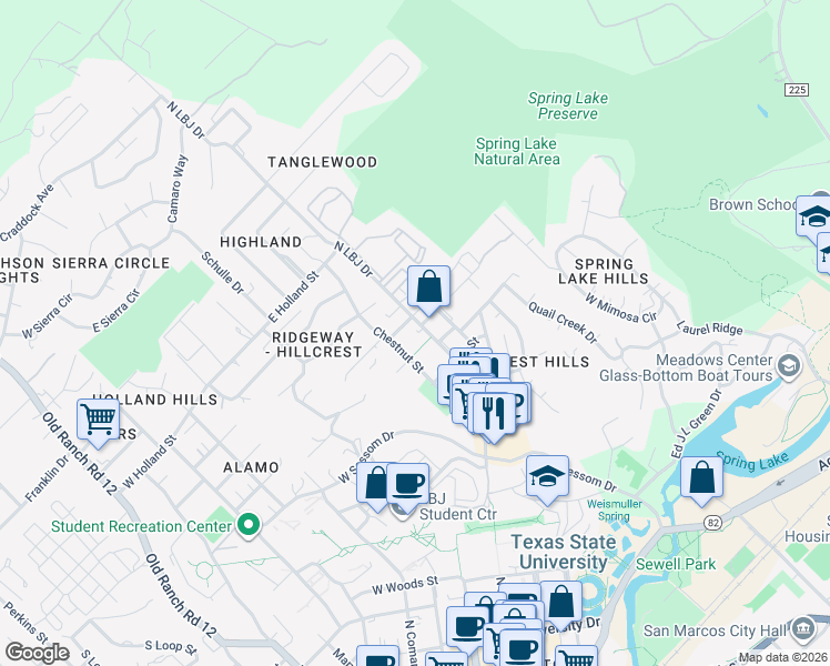 map of restaurants, bars, coffee shops, grocery stores, and more near 1011 North LBJ Drive in San Marcos