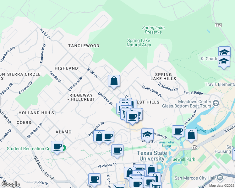 map of restaurants, bars, coffee shops, grocery stores, and more near 1000 North LBJ Drive in San Marcos