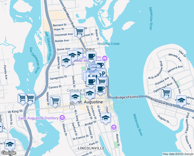map of restaurants, bars, coffee shops, grocery stores, and more near 98 Saint George Street in St. Augustine