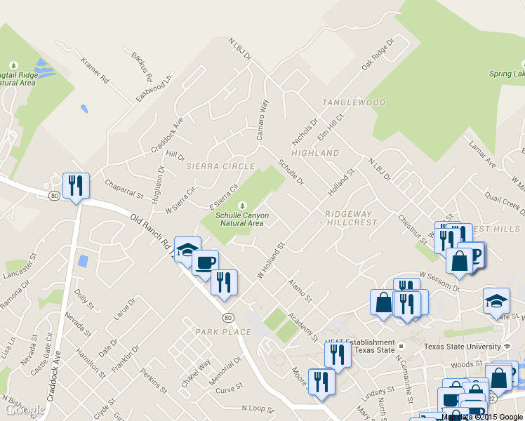 map of restaurants, bars, coffee shops, grocery stores, and more near 207 Ridgewood Drive in San Marcos