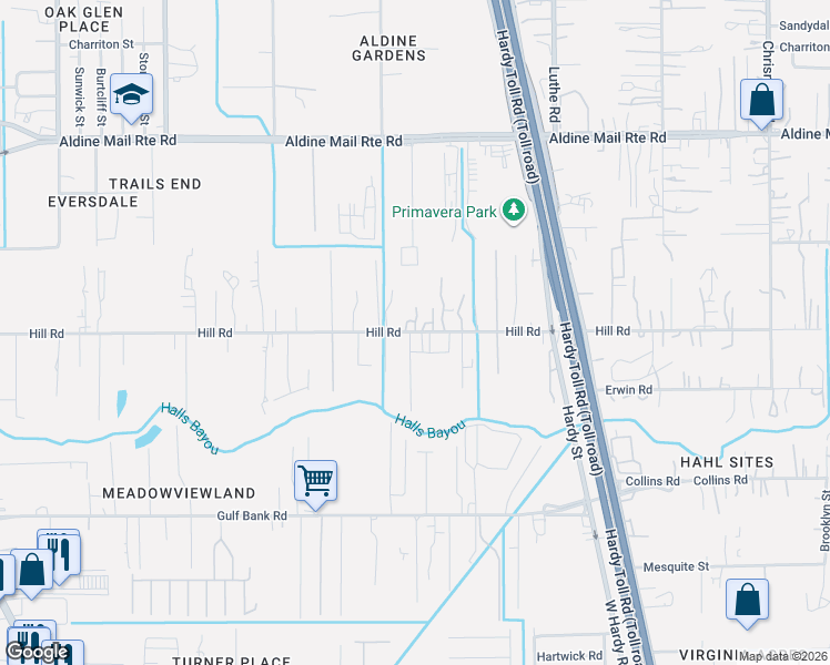 map of restaurants, bars, coffee shops, grocery stores, and more near Hill Road in Houston