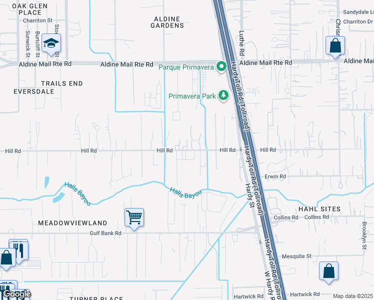 map of restaurants, bars, coffee shops, grocery stores, and more near Hill Road in Houston