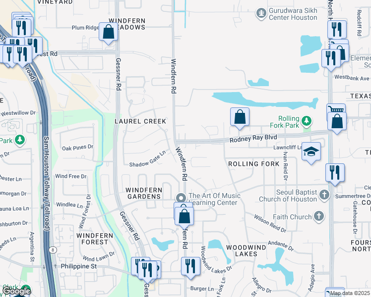 map of restaurants, bars, coffee shops, grocery stores, and more near 8414 Bending Pecan Court in Houston