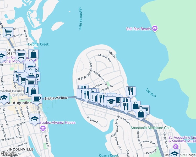 map of restaurants, bars, coffee shops, grocery stores, and more near 208 Arpieka Avenue in Saint Augustine