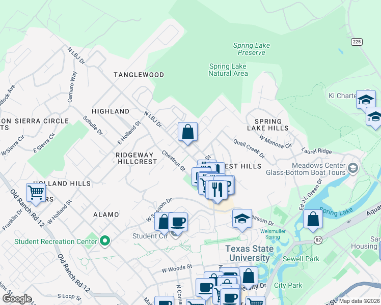 map of restaurants, bars, coffee shops, grocery stores, and more near 1011 North LBJ Drive in San Marcos