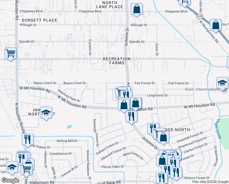 map of restaurants, bars, coffee shops, grocery stores, and more near 9010 Arlington Forest Drive in Houston