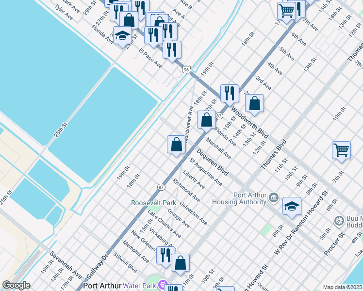 map of restaurants, bars, coffee shops, grocery stores, and more near 1727-1799 St Augustine Ave in Port Arthur