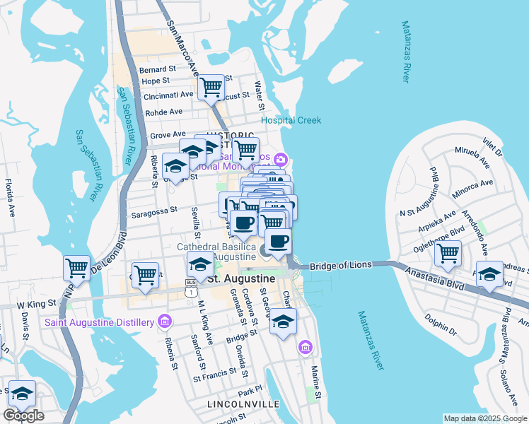 map of restaurants, bars, coffee shops, grocery stores, and more near 51 Charlotte Street in St. Augustine