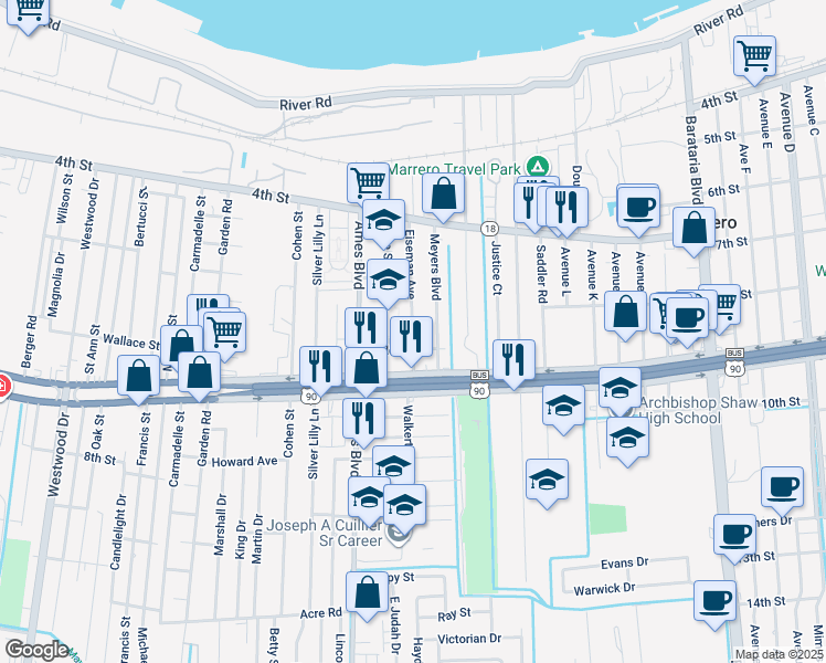 map of restaurants, bars, coffee shops, grocery stores, and more near 6007 Field Street in Marrero