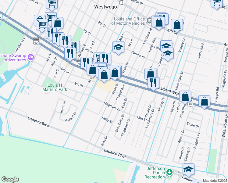 map of restaurants, bars, coffee shops, grocery stores, and more near 1110 Central Avenue in Westwego