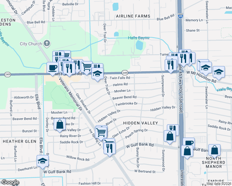 map of restaurants, bars, coffee shops, grocery stores, and more near 1119 Beaver Bend Road in Houston