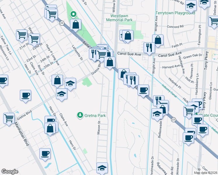 map of restaurants, bars, coffee shops, grocery stores, and more near 30 Creagan Ave in Gretna