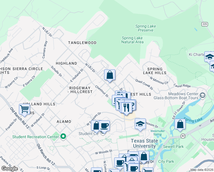 map of restaurants, bars, coffee shops, grocery stores, and more near 1011 North LBJ Drive in San Marcos