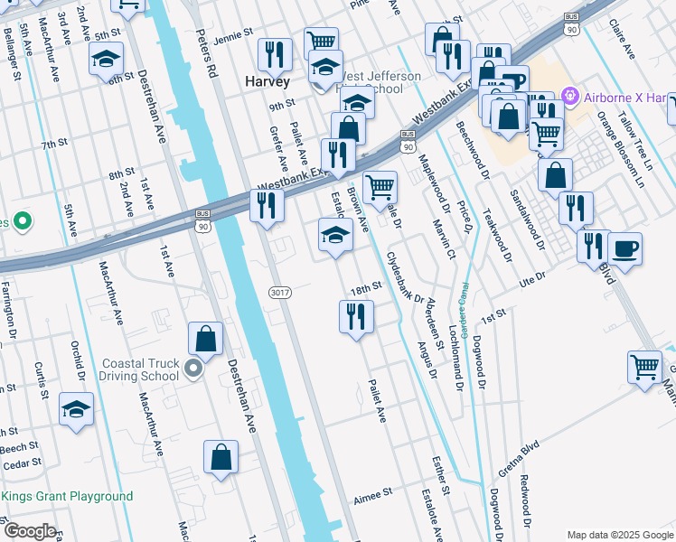 map of restaurants, bars, coffee shops, grocery stores, and more near 1136 Pailet Avenue in Harvey