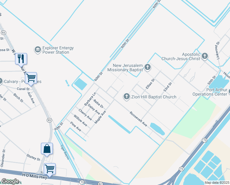 map of restaurants, bars, coffee shops, grocery stores, and more near 5932 Roosevelt Avenue in Port Arthur