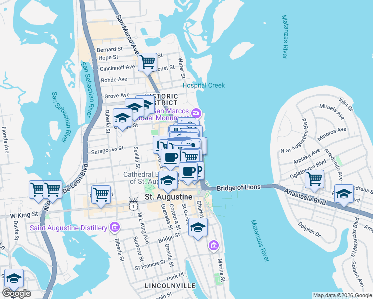 map of restaurants, bars, coffee shops, grocery stores, and more near 51 Charlotte Street in St. Augustine