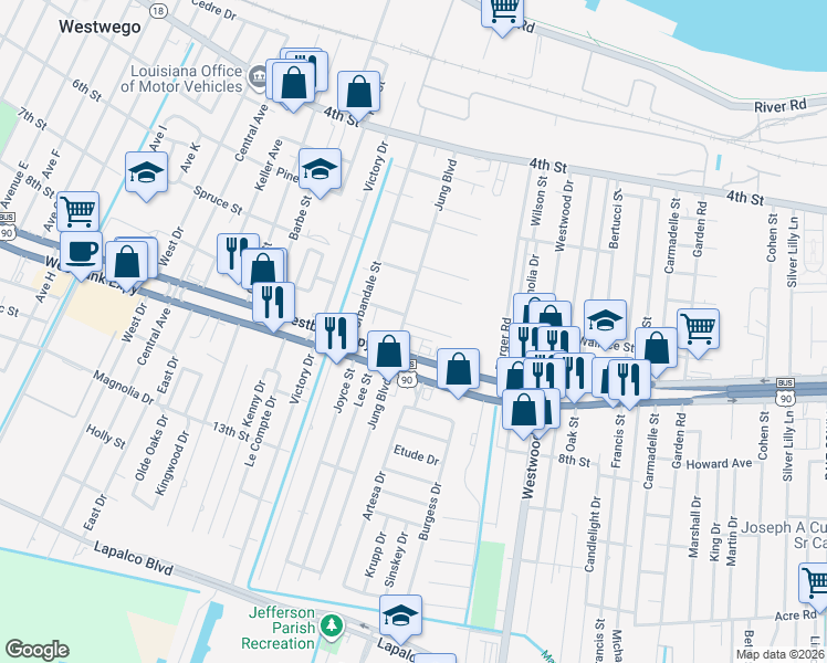 map of restaurants, bars, coffee shops, grocery stores, and more near 7425 Rachel Street in Marrero