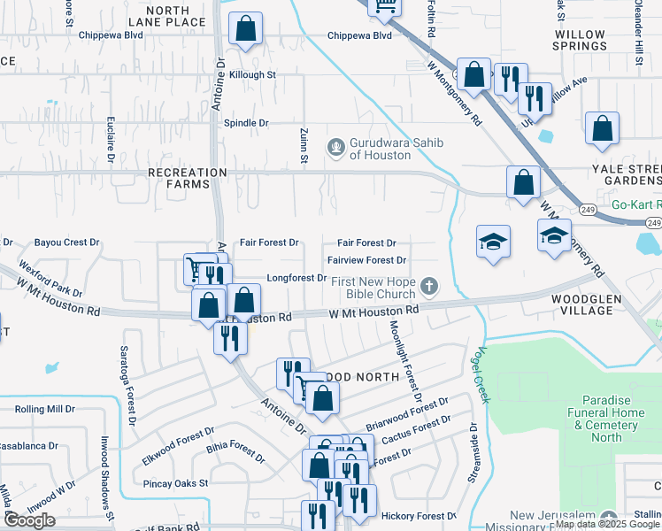 map of restaurants, bars, coffee shops, grocery stores, and more near 5643 Fair Forest Drive in Houston