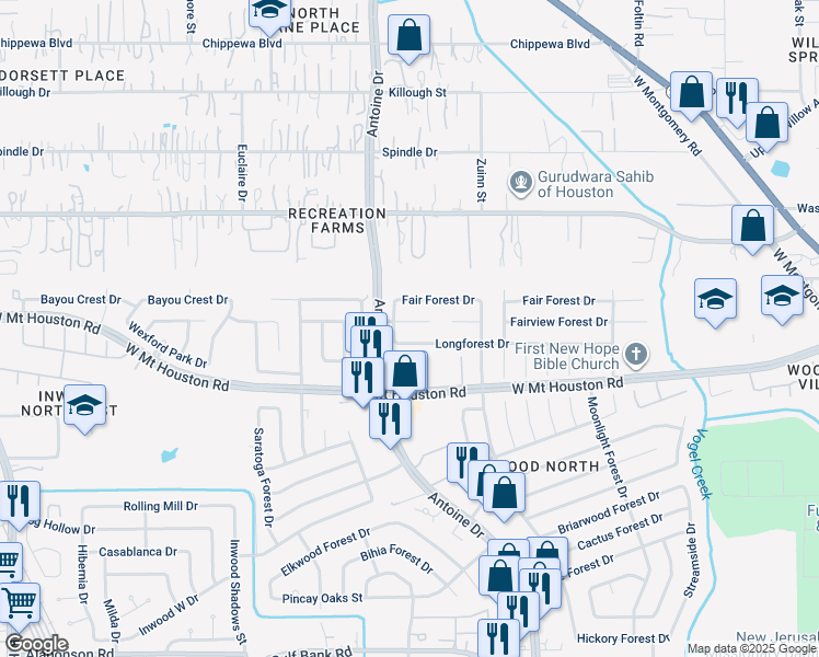 map of restaurants, bars, coffee shops, grocery stores, and more near 5835 Fair Forest Drive in Houston