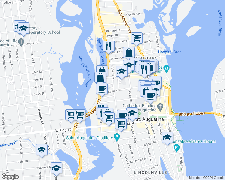 map of restaurants, bars, coffee shops, grocery stores, and more near 50 Saragossa Street in St. Augustine