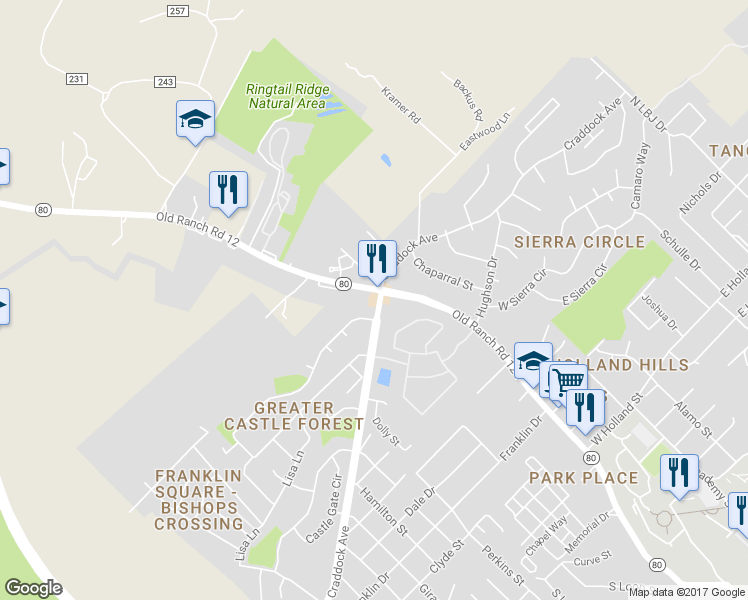 map of restaurants, bars, coffee shops, grocery stores, and more near 507 Craddock Avenue in San Marcos