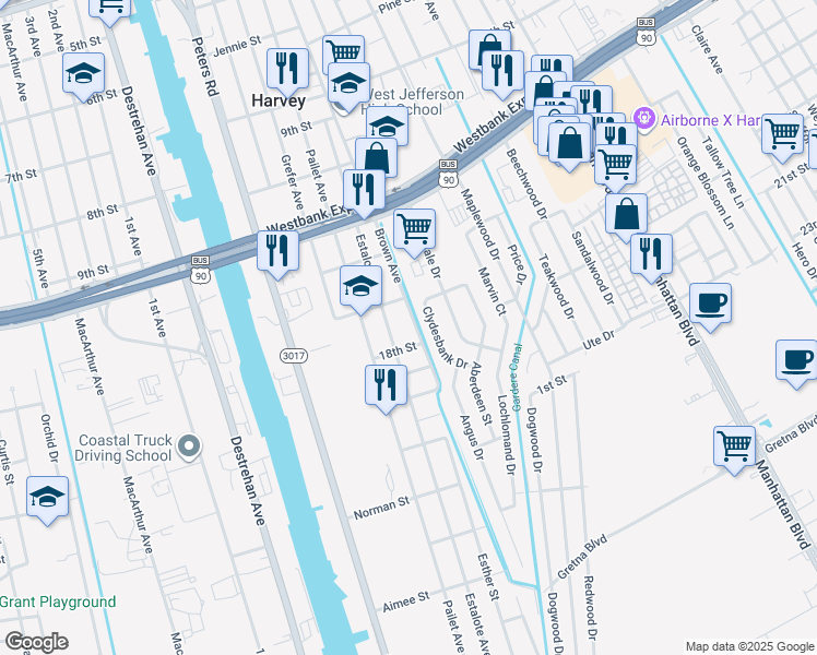 map of restaurants, bars, coffee shops, grocery stores, and more near 1108 Clydesbank Drive in Harvey