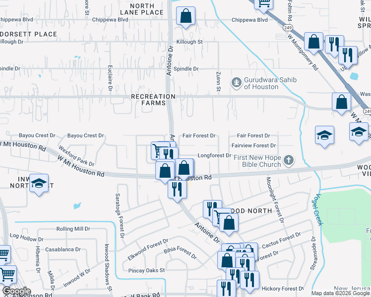 map of restaurants, bars, coffee shops, grocery stores, and more near 5835 Fair Forest Drive in Houston