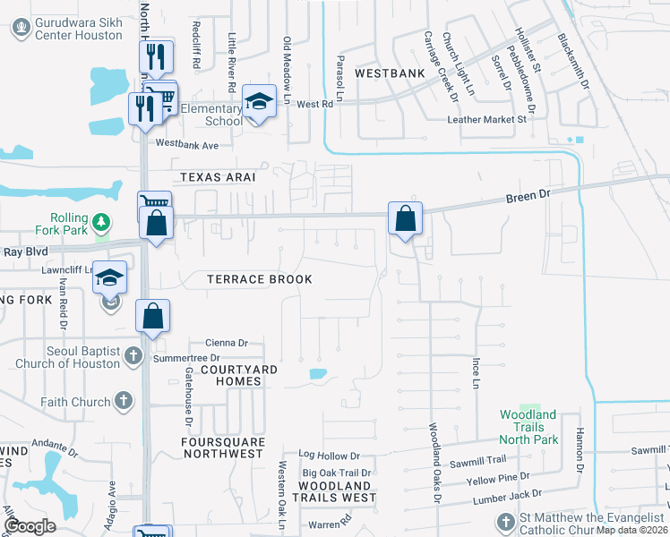 map of restaurants, bars, coffee shops, grocery stores, and more near 8002 Devon Lee Court in Houston