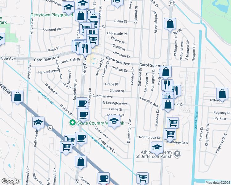 map of restaurants, bars, coffee shops, grocery stores, and more near 2152 Grape Place in Terrytown