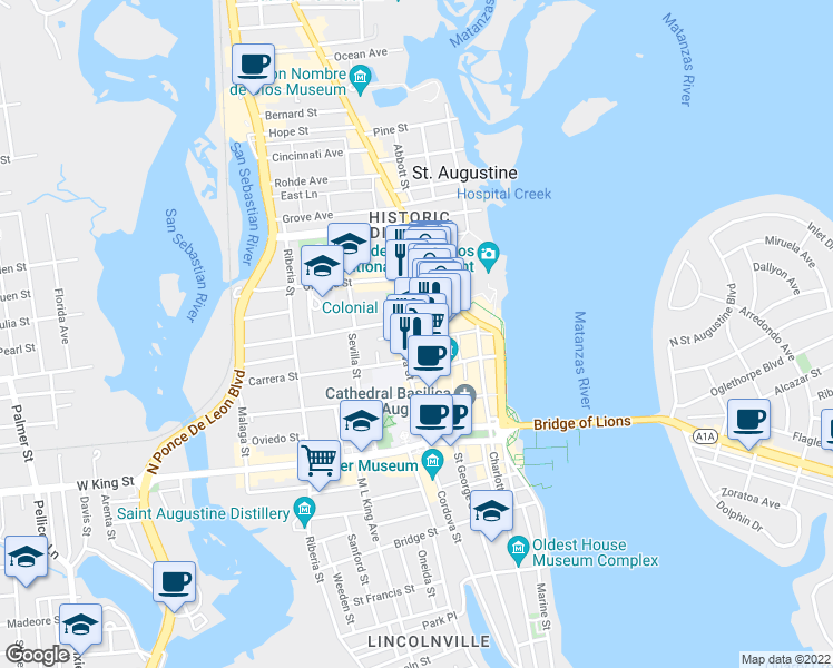 map of restaurants, bars, coffee shops, grocery stores, and more near 18 Cordova Street in St. Augustine