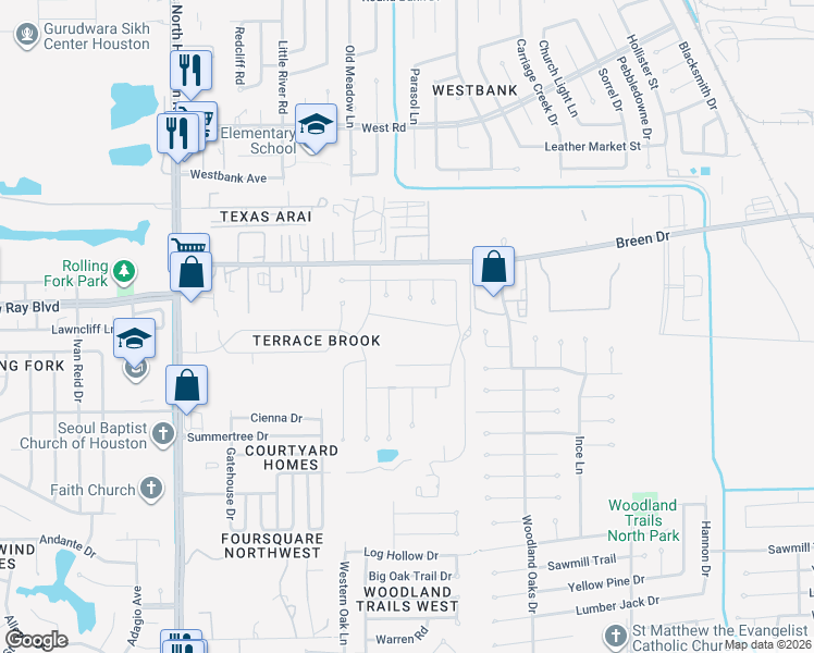 map of restaurants, bars, coffee shops, grocery stores, and more near 8002 Devon Lee Court in Houston