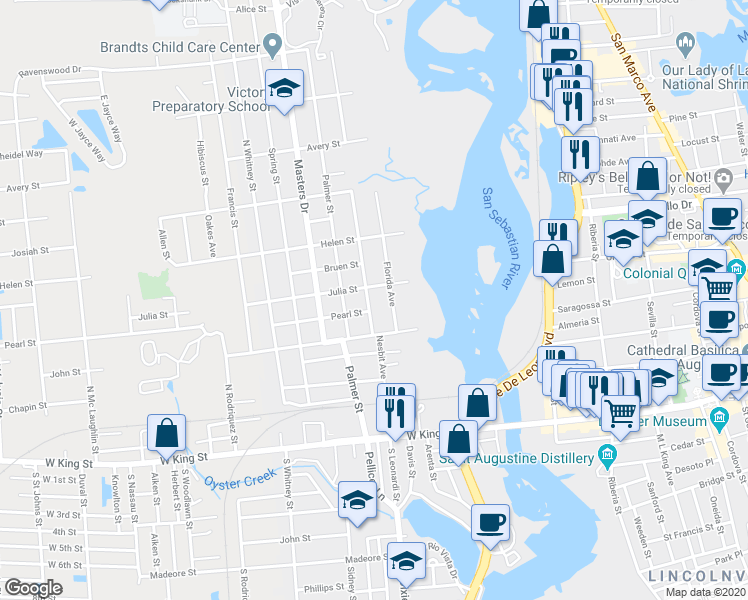 map of restaurants, bars, coffee shops, grocery stores, and more near 19 Nesmith Avenue in Saint Augustine