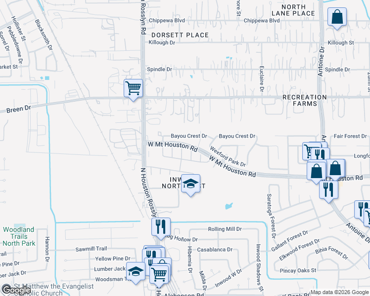 map of restaurants, bars, coffee shops, grocery stores, and more near 9010 Ruston Oaks Court in Houston